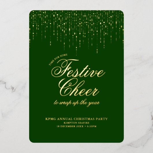 Elegant feestelijk Cheer Green Holiday Party Folie Uitnodiging (Voorkant)