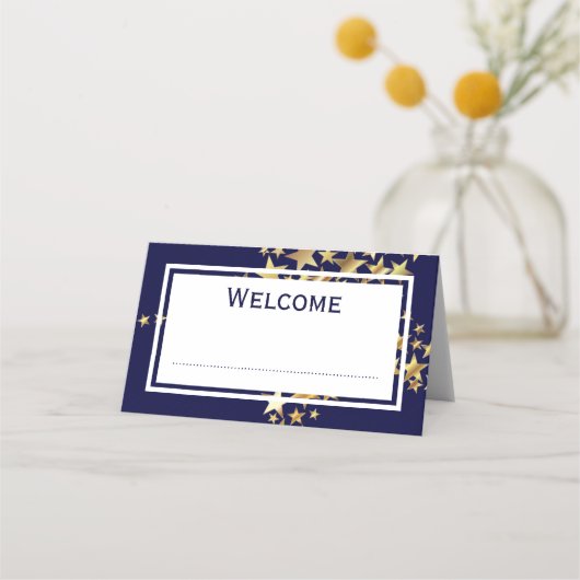Elegant feestelijk | Gouden sterren op Navy Blue Plaatskaartje (Voorkant)