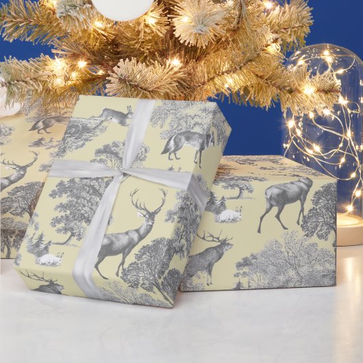 Elegant Feestelijk Toile Fox Herten Grijs Goud Bei Cadeaupapier (Feestdagen)