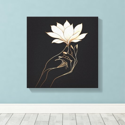 Elegant Feminine Hand Holding Magnolia Flower Canvas Afdruk (Insitu (Houten vloer))