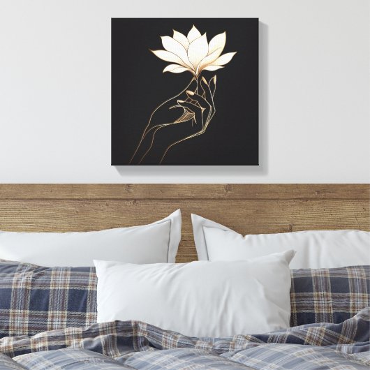 Elegant Feminine Hand Holding Magnolia Flower Canvas Afdruk (Insitu (Slaapkamer))
