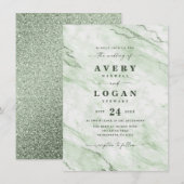 Elegant Fern Green Marble & Glitter Wedding Kaart (Voorkant / Achterkant)