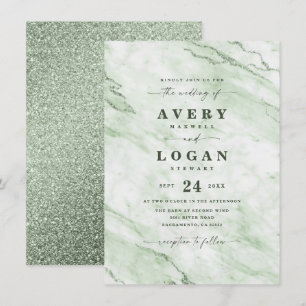 Elegant Fern Green Marble & Glitter Wedding Kaart