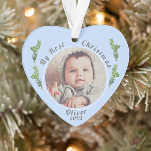 Elegant Festive Blue Baby's eerste kerstfoto Ornament (Boom)