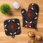 Elegant, festive feel symmetrical floral pattern ovenwant & pannenlap set (Top down)