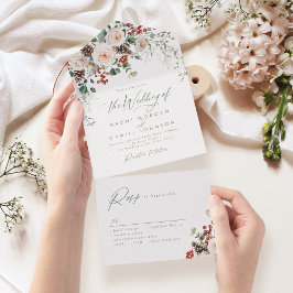 Elegant Festive Floral Holiday Winter Wedding All In One Uitnodiging