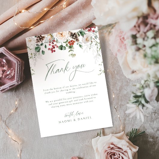 Elegant Festive Floral Holiday Winter Wedding Bedankkaart
