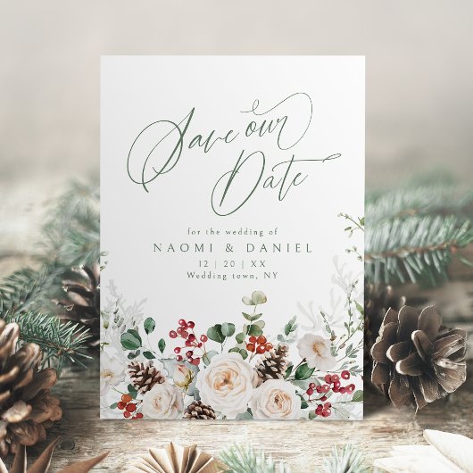 Elegant Festive Floral Holiday Winter Wedding Save The Date