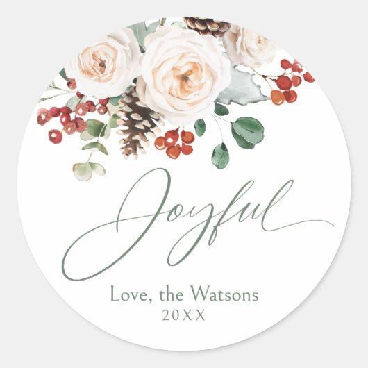 Elegant Festive Floral Joyful Christmas Gift Ronde Sticker (Voorkant)