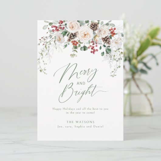 Elegant Festive Floral Merry And Bright Christmas Feestdagenkaart (Staand voorkant)