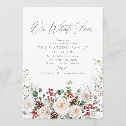 Elegant Festive Floral Oh What Fun Holiday Party Kaart (Voorkant)