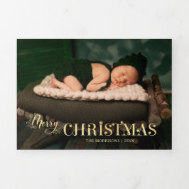 Elegant Festive Gold Merry-kerstscript Foto Drieluik Wenskaart