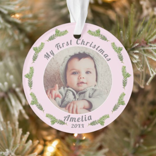 Elegant Festive Pink Baby eerste kerstfoto Ornament (Boom)