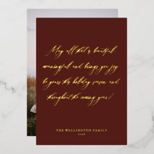 Elegant Festive Red Calligraphy met kerstfoto Folie Feestdagenkaart