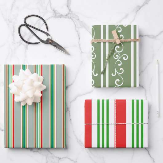Elegant Festive Red Green Striped Holiday Inpakpapier Vel (Voorkant)