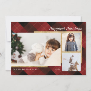 Elegant Festive Red Pset & Gold Three-foto's Feestdagenkaart
