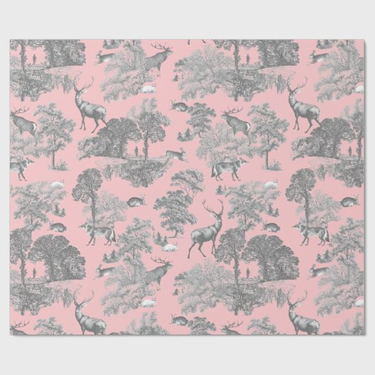 Elegant Festive Toile Fox Deer Rabbit Gray Pink Cadeaupapier (Vlak)