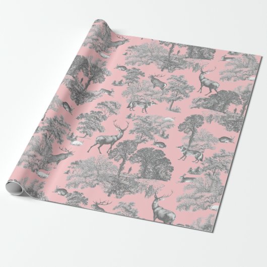 Elegant Festive Toile Fox Deer Rabbit Gray Pink Cadeaupapier (Uitgerold)