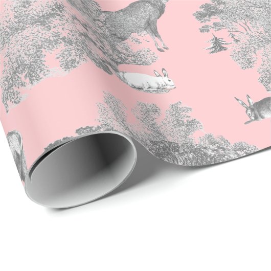 Elegant Festive Toile Fox Deer Rabbit Gray Pink Cadeaupapier (Rol Hoek)