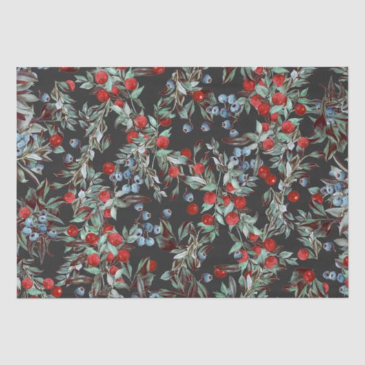 Elegant Festive Waterverf Red Blue Berries Black Tissuepapier (Voorkant)