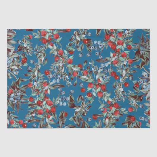 Elegant Festive Waterverf Red Blue Berries Blue Tissuepapier (Voorkant)