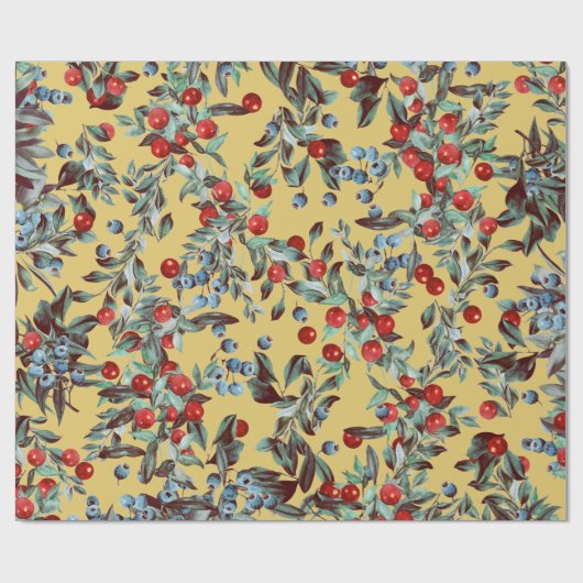 Elegant Festive Waterverf Red Blue Berries Gold Cadeaupapier (Vlak)