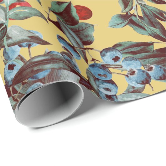 Elegant Festive Waterverf Red Blue Berries Gold Cadeaupapier (Rol Hoek)