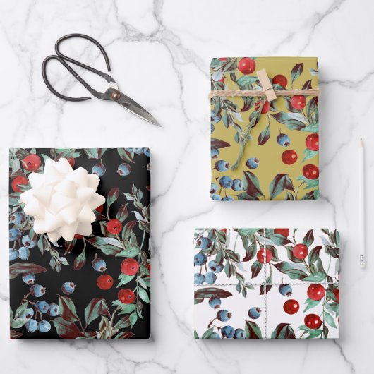 Elegant Festive Waterverf Red Blue Berries Inpakpapier Vel (Voorkant)