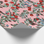 Elegant Festive Waterverf Red Blue Berries Roze Cadeaupapier (Hoek)