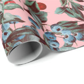 Elegant Festive Waterverf Red Blue Berries Roze Cadeaupapier (Rol Hoek)