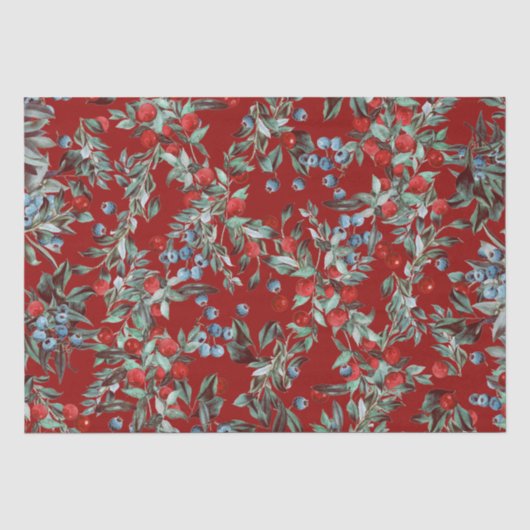 Elegant Festive Waterverf Red Blue Berries Tissuepapier (Voorkant)