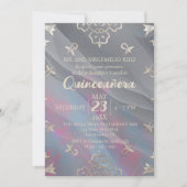 Elegant Filigree Border on Grey Silk Quinceañera Kaart (Voorkant)