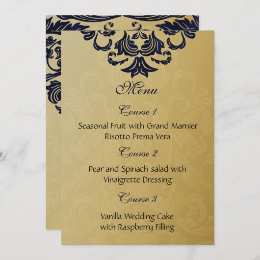 Elegant Filigree Navy Gold Wedding Menu (Voorkant / Achterkant)