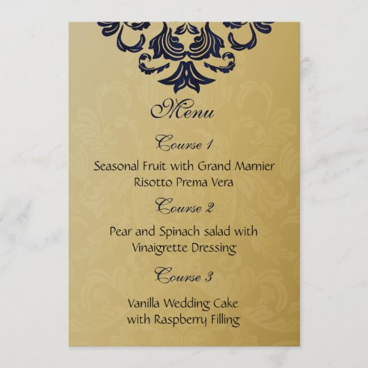 Elegant Filigree Navy Gold Wedding Menu (Voorkant)
