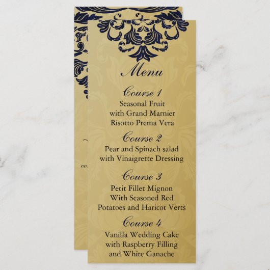 Elegant Filigree Navy Gold Wedding Menu (Voorkant / Achterkant)