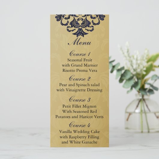 Elegant Filigree Navy Gold Wedding Menu (Staand voorkant)
