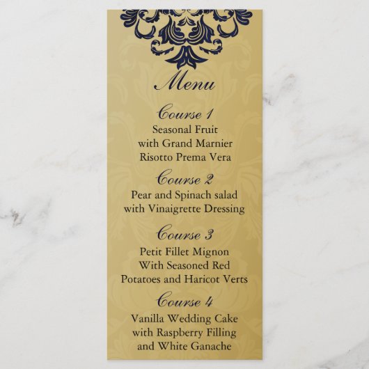 Elegant Filigree Navy Gold Wedding Menu (Voorkant)