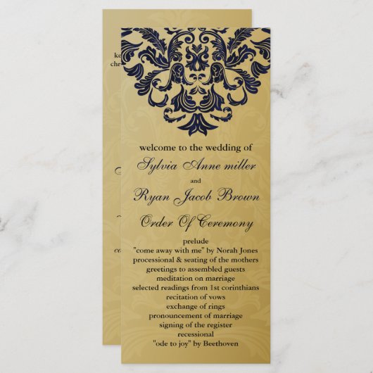 Elegant Filigree Navy Gold Wedding Programmakaart (Voorkant / Achterkant)