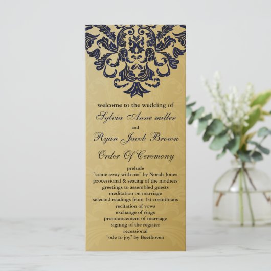 Elegant Filigree Navy Gold Wedding Programmakaart (Staand voorkant)