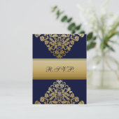 Elegant Filigree Navy Gold Wedding RSVP Kaartje (Staand voorkant)