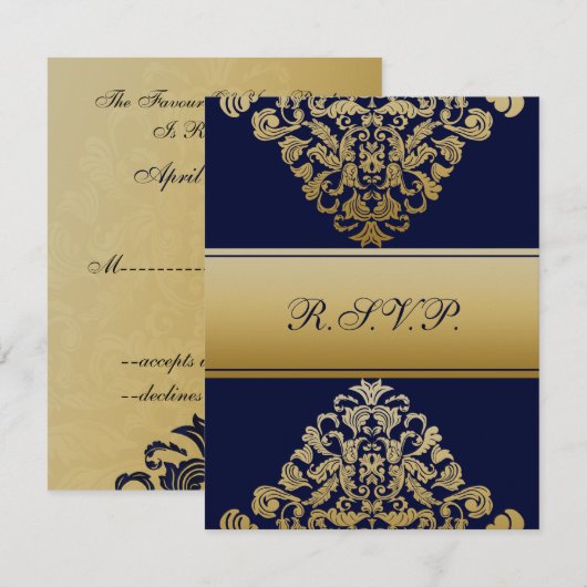 Elegant Filigree Navy Gold Wedding RSVP Kaartje (Voorkant / Achterkant)