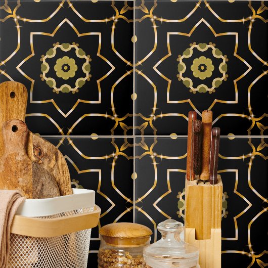 Elegant Filigree Sparkly Shiny Gold & Black Mosaic Tegeltje