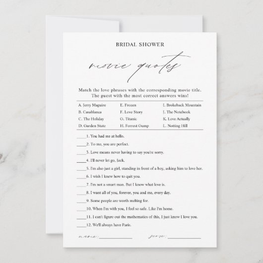 Elegant Film Liefde Quotes Vrijgezellenfeest Game Kaart (Voorkant)