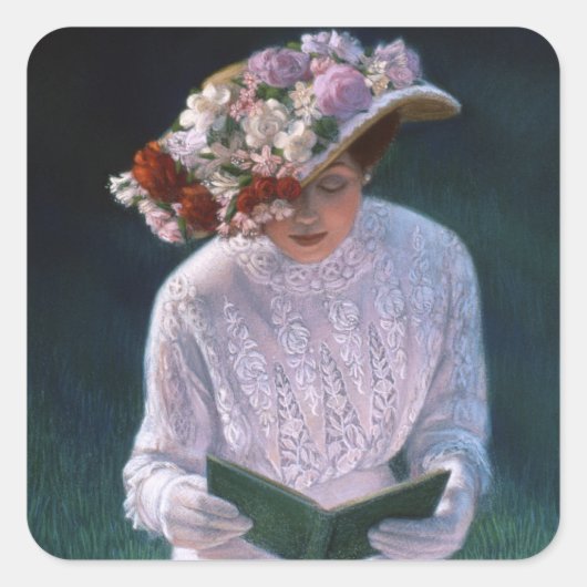  Elegant Fine Art Victoriaans Lady Reading Vierkante Sticker (Voorkant)