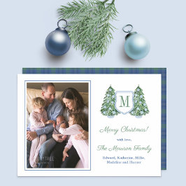 Elegant Fir Tree Blue White Baubles Family Afbeeld Feestdagenkaart