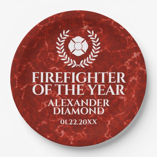 Elegant Firefighter of the Year Red Marble Papieren Bordje (Voorkant)