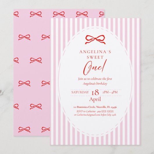 Elegant First Birthday Invitation. Kaart (Voorkant / Achterkant)