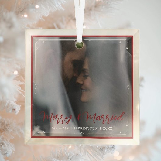 Elegant First Christmas Merry and Married Photo Glas Ornament