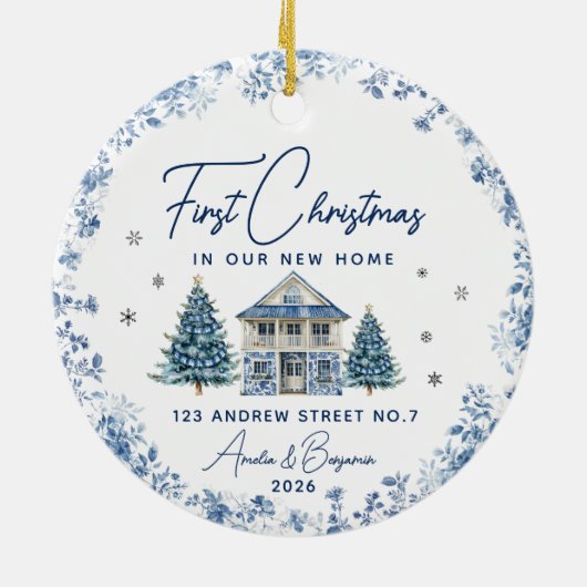elegant first christmas new home blue ornament (Achterkant)