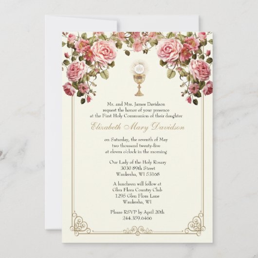Elegant First Communion Pink Red Roses  Kaart (Achterkant)